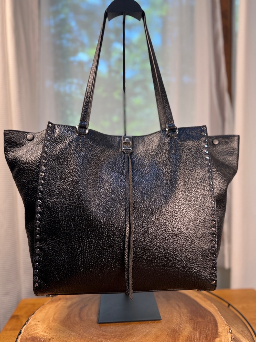 Rebecca Minkoff Darren Studded Black Pebbled Leather Shoulder Tote Bag EUC